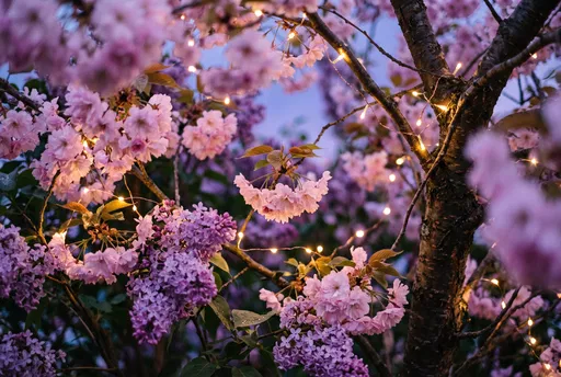 Cherry Blossoms and Lilacs with Fairy Lights