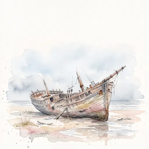 Watercolor Illustration of Beached Wooden Shipwreck