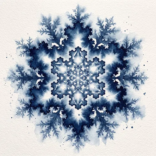 Indigo Watercolor Fractal Snowflake Mandala