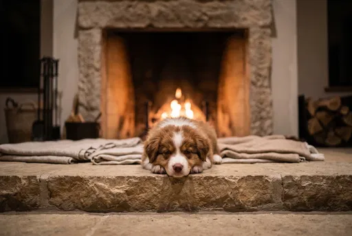 Sleepy Puppy Resting by Warm Fireplace