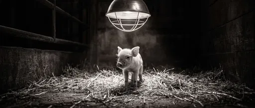 Newborn Piglet Under Barn Heat Lamp