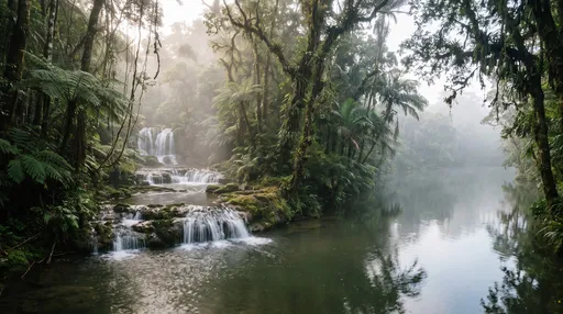 Misty Tropical Rainforest Waterfall and Lagoon