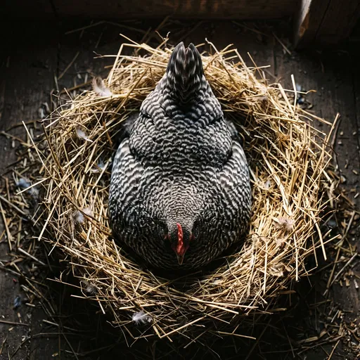 Top View of Barred Hen in Nest