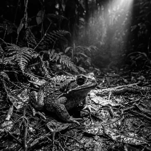 Monochrome Toad on Illuminated Forest Floor