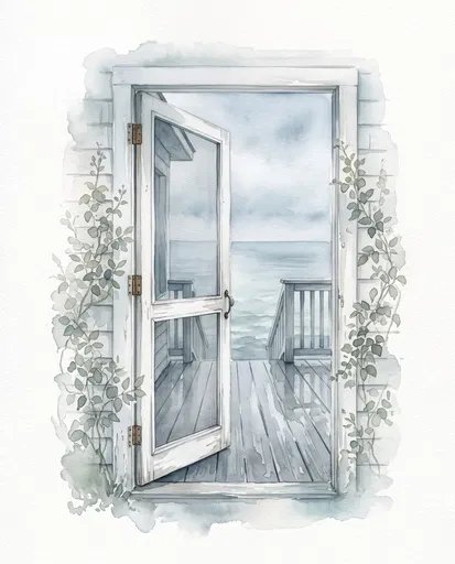 Watercolor Coastal Screen Door Overlooking Ocean