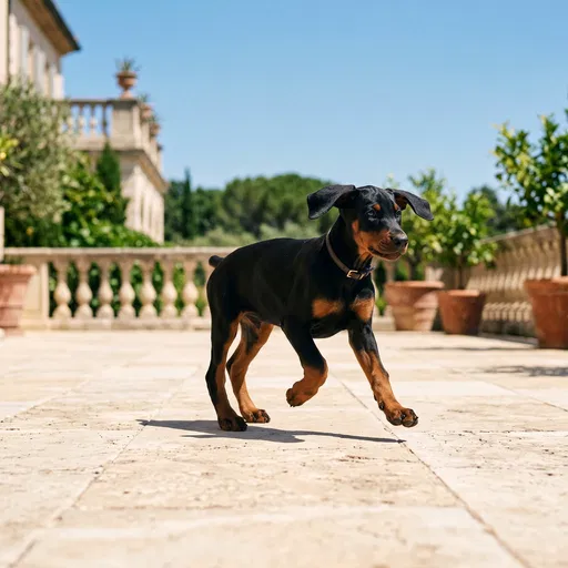 Doberman Puppy Trotting on Sunlit Stone Terrace