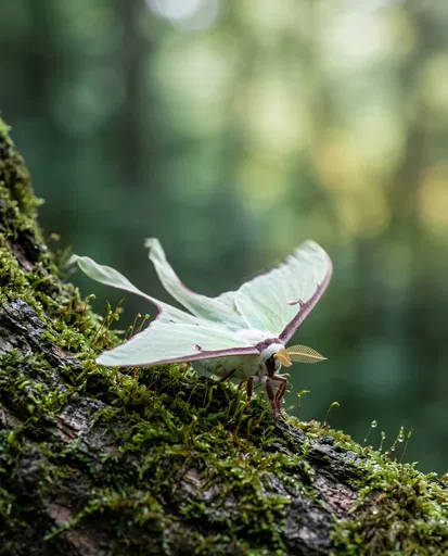 Luna Moth on Mossy Tree Bark