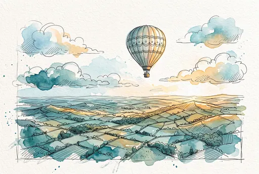 Watercolor Hot Air Balloon Over Patchwork Hills