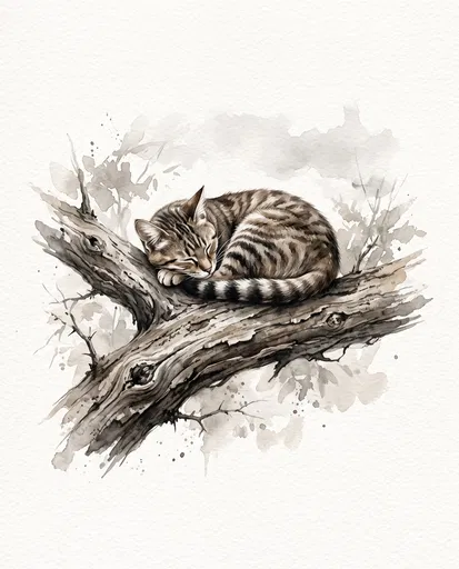 Watercolor Illustration of Sleeping Wildcat on Branch