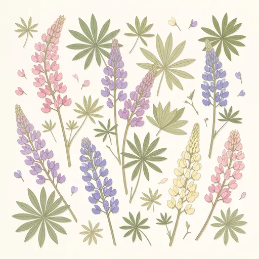 Pastel Pressed Lupin Flowers Vector Illustration