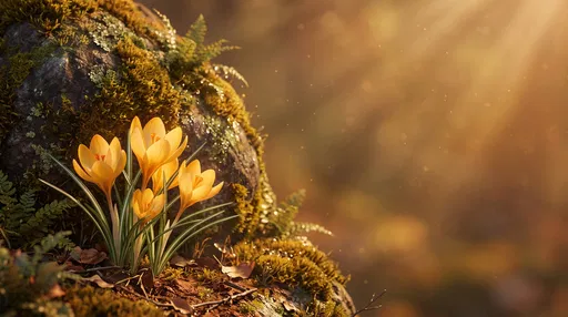 Yellow Crocuses Beside Mossy Rock in Sunlight