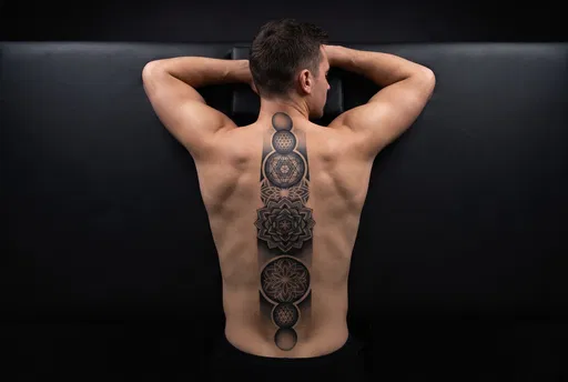 Man With Geometric Spine Tattoo Lying Down
