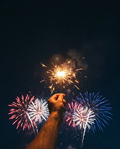 Hand Holding Sparkler Against Fireworks Sky
