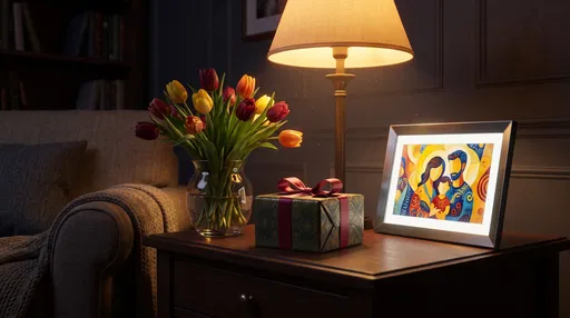 Cozy Table With Gift and Tulips