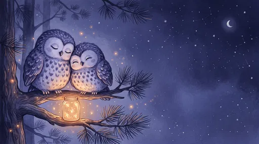 Cute Owls Cuddling on Branch at Night