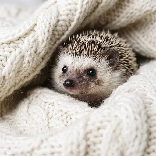 Baby Hedgehog Peeking From Knitted Blanket