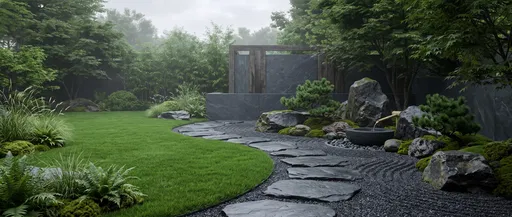 Contemporary Minimalist Zen Garden With Lawn