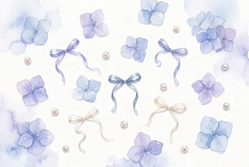 Watercolor Blue Hydrangeas Bows and Pearls