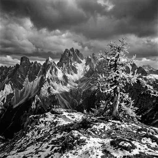 Monochrome Alpine Peaks and Lone Larch Tree