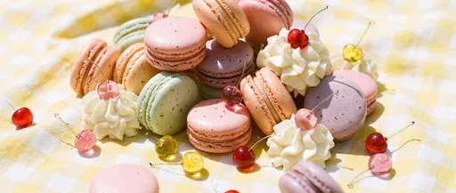 Pastel Macarons and Glass Cherries on Gingham
