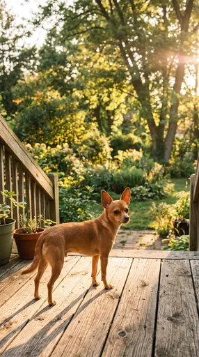 Chihuahua Standing on Sunlit Wooden Porch