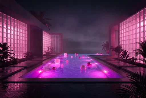 Neon Pink Infinity Pool Courtyard at Night