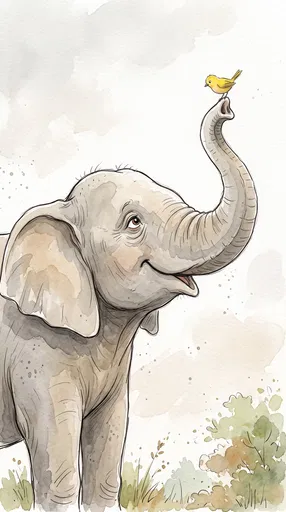 Watercolor Elephant and Yellow Bird Illustration