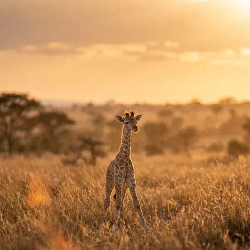 Newborn Giraffe Calf at Sunset