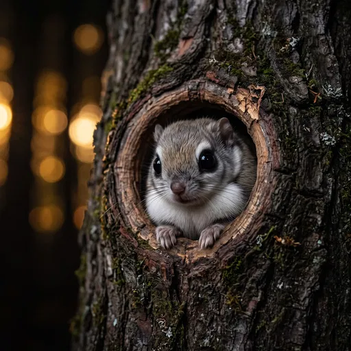Flying Squirrel Peeking from Tree Hollow