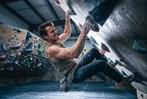 Muscular Man Grimacing While Indoor Bouldering