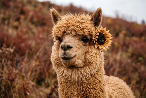 Fluffy Caramel Alpaca With Sunflower Portrait