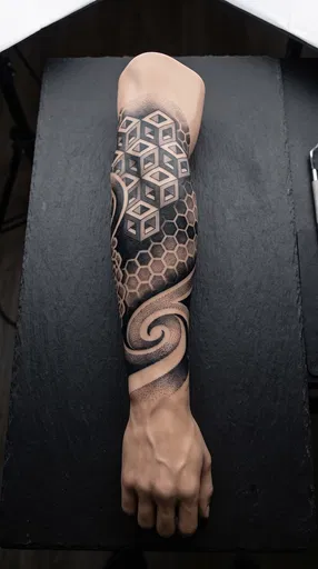 Geometric Blackwork Tattoo on Forearm Model