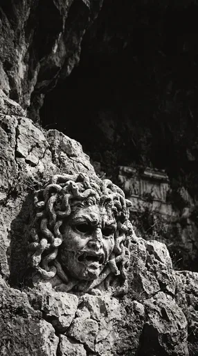 Ancient Gorgon Stone Carving in Monochrome