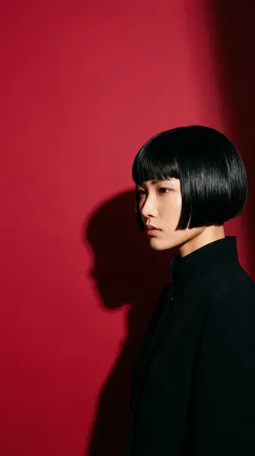 Woman With Black Bob on Red Background