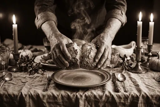 Hands Breaking Warm Bread at Candlelit Table