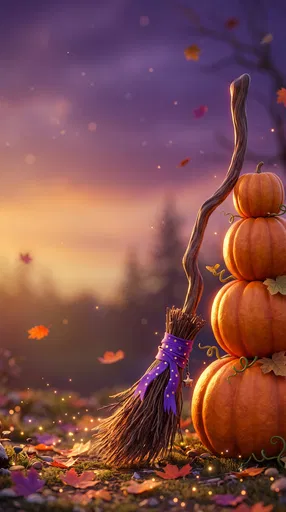 Witch Broom and Stacked Pumpkins at Dusk