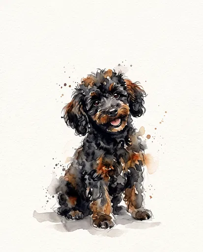 Watercolor Black and Tan Poodle Puppy