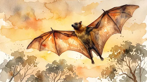 Watercolor Flying Fox Gliding at Sunset