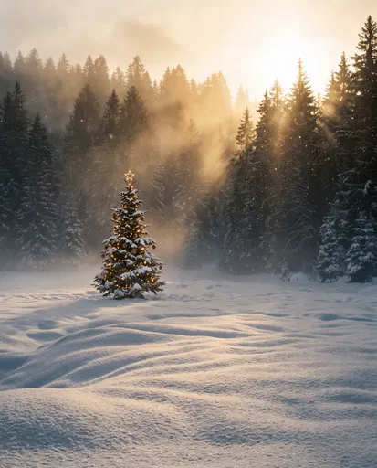 Lit Christmas Tree in Snowy Forest