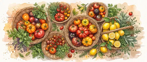 Watercolor Baskets of Tomatoes Lemons and Herbs