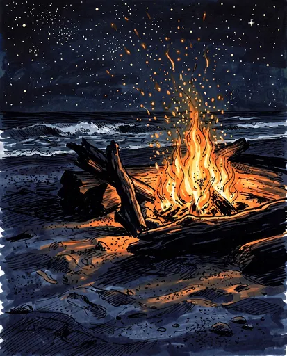 Night Beach Bonfire Marker Illustration