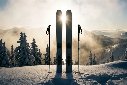 Backlit Skis and Poles on Snowy Summit