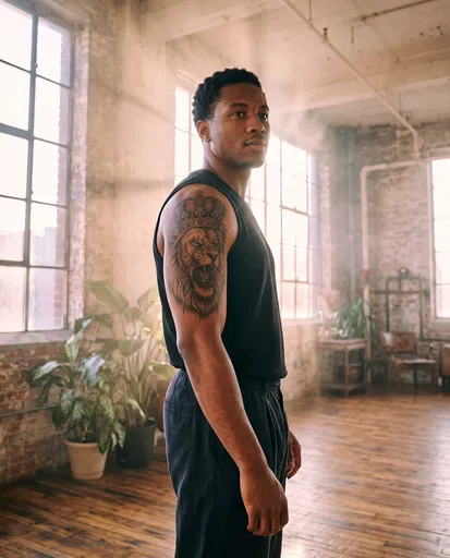 Man With Lion Tattoo in Sunlit Loft