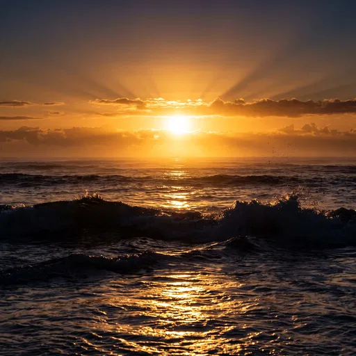 Golden Sunrise Over Dark Ocean Waves