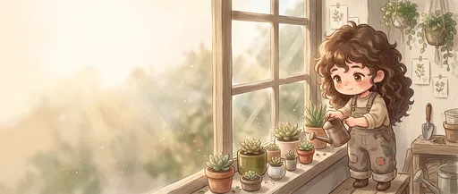 Chibi Botanist Watering Succulents by Window