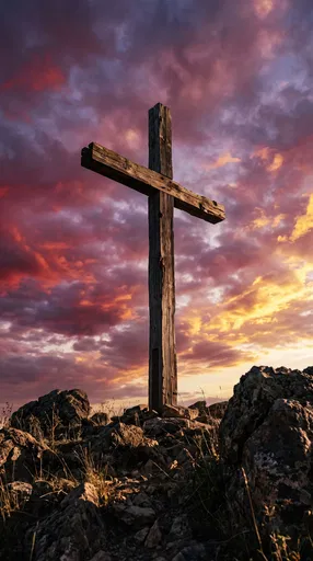 Weathered Wooden Cross at Sunset