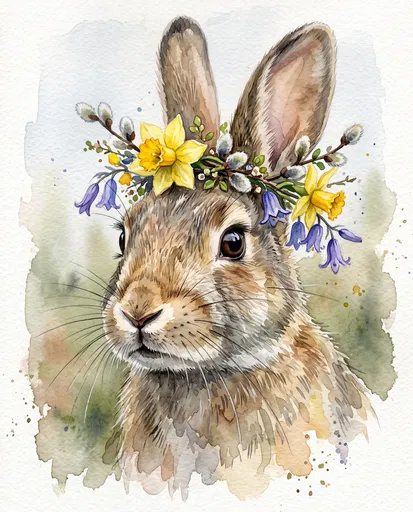 Watercolor Rabbit With Spring Flower Crown