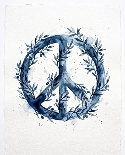 Indigo Watercolor Peace Sign With Olive Branches
