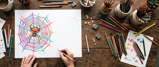 Artist Drawing Colorful Spider Web On Desk