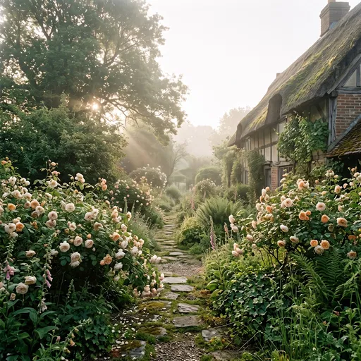 Sunlit Overgrown Cottage Garden Rose Path